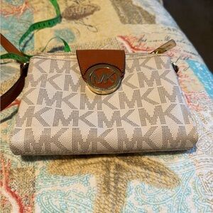 Michael Kors Cream and Brown Clutch with Monogram Print